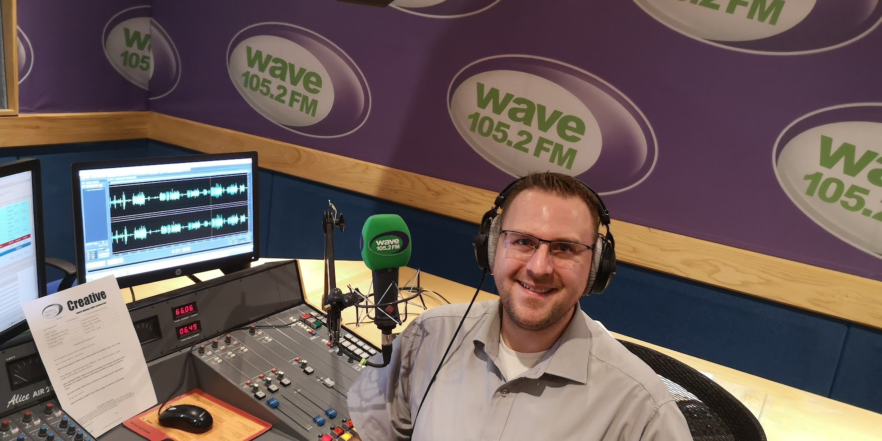 Steve Small recording voice over at Wave 105 radio station studio
